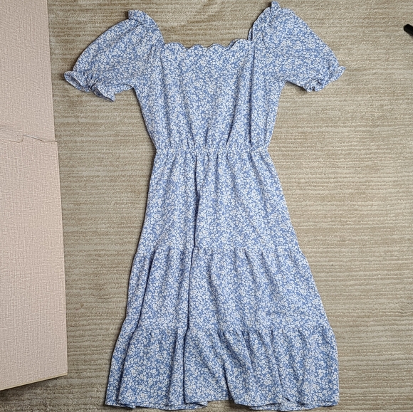 Monteau Women's Medium Blue Floral Print Prairie Midi Dress Scalloped Neck Line - Picture 6 of 13